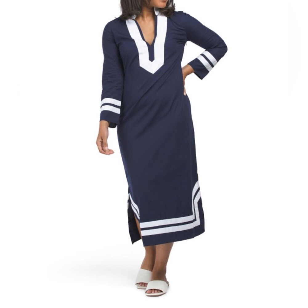 Sail To Sable Long Sleeve Classic Maxi Tunic - Navy/White